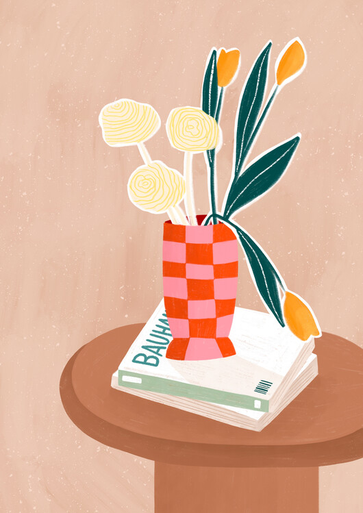 Levně Plakát, Obraz - Flower With a Checkered Red Vase, Bea Muller, 30 × 40 cm