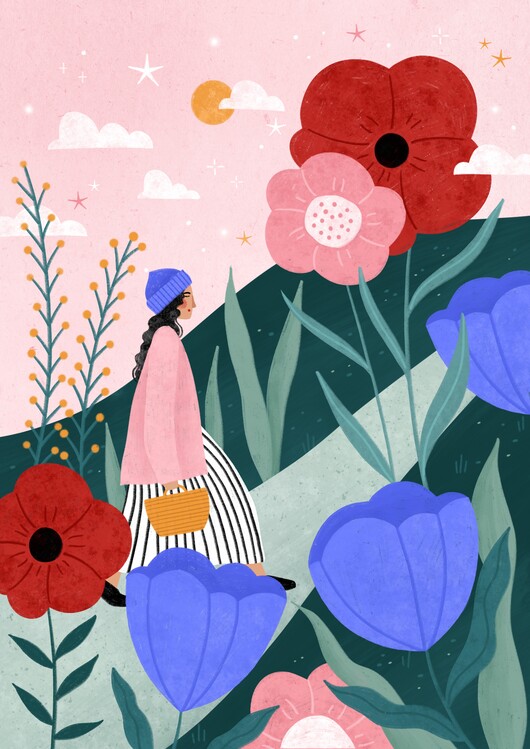 Levně Plakát, Obraz - Woman Walking in Flower Garden, Bea Muller, 30 × 40 cm