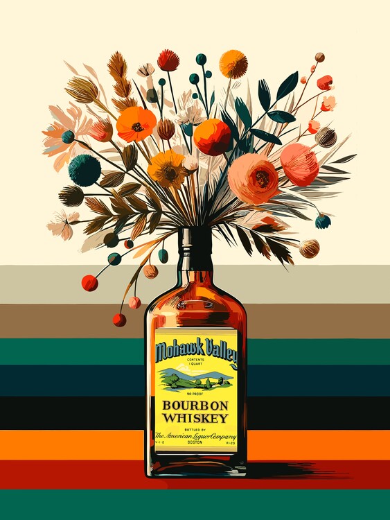 Poster Vintage Whisky Bottle and Wildflowers