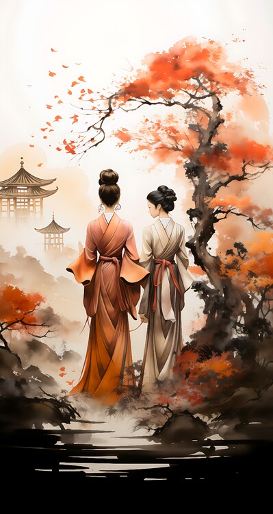 Плакат 2 Japanese women in garden