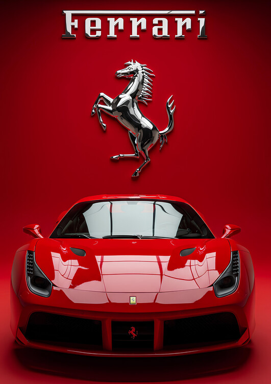 Plakát Ferrari 488 GTB - Front View on Red Background