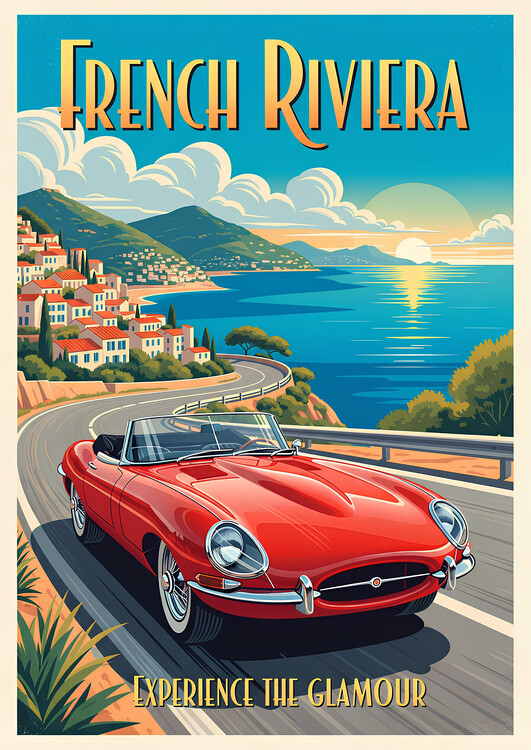 Плакат Jaguar E-Type - Red Convertible on French Riviera