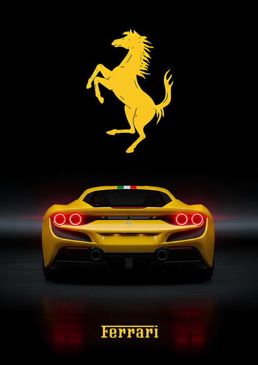 Plakát Ferrari 488 GTB - Yellow Rear View with Prancing Horse