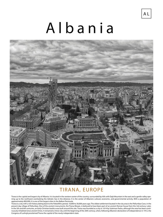 Плакат Albania: Tirana Cityscape in Black and White