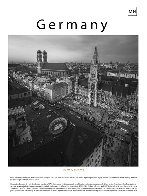 Poster Germany: Munich Cityscape in Black and White