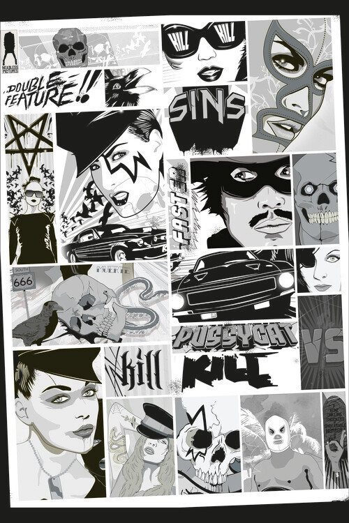 Poster double feature b-movie horror rockabilly tattoo skull faster