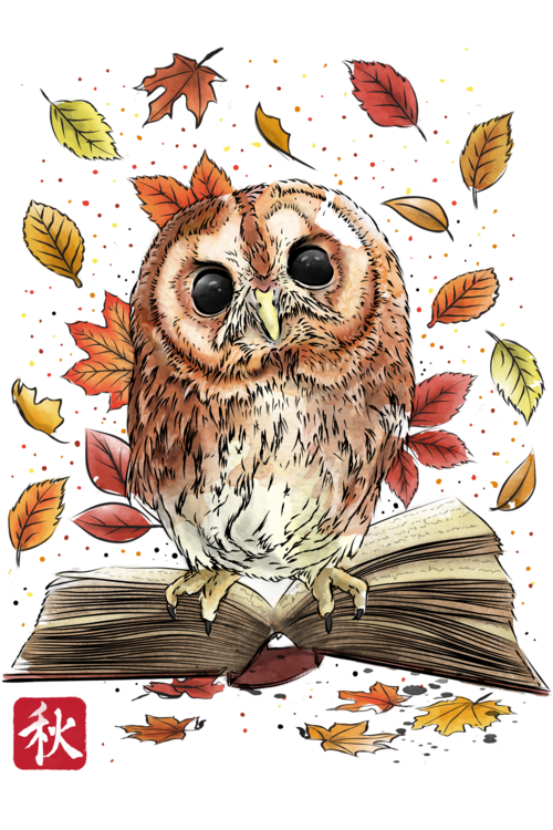 Maglietta Owl Leaves and Books