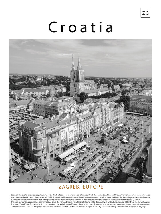 Poster Black and white poster of a cityscape of Zagreb, Croatia