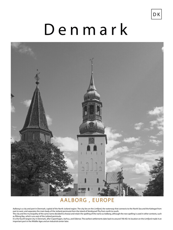 Poster Black and white poster of a cityscape of Aalborg, Denmark