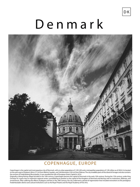 Poster Black and white poster of a cityscape of Copenhagen, Denmark