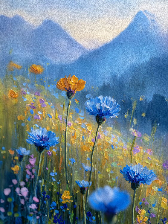 Plakat Blue Cornflowers and Mountains, Wall art decor ideas