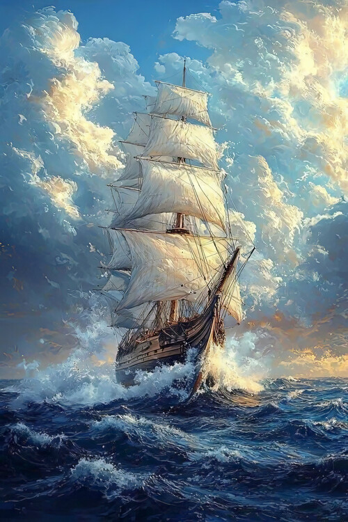 Plakat Full-Rigged Ship Sailing through Ocean Storm, Wall Decor
