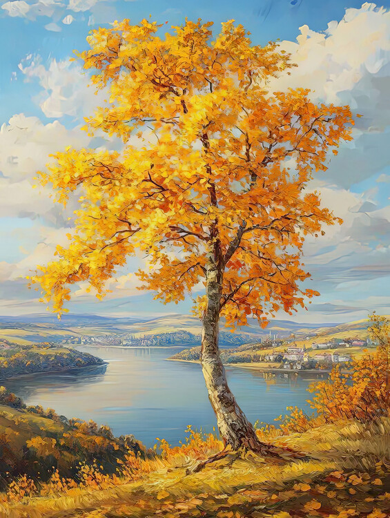 Plakat Golden Autumn Birch Tree, the River Valley, Buy wall art