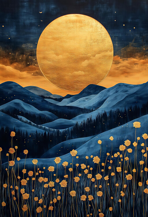 Plakat Golden Harvest Moon, Cobalt Valley & Flowers, bedroom Wall