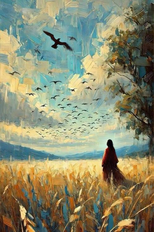Poster Impasto Field Woman Watching a Flock of Birds, wall Art