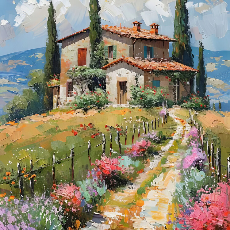Plakat Tuscany Cypress Trees & a Winding Flower Path wall bedroom