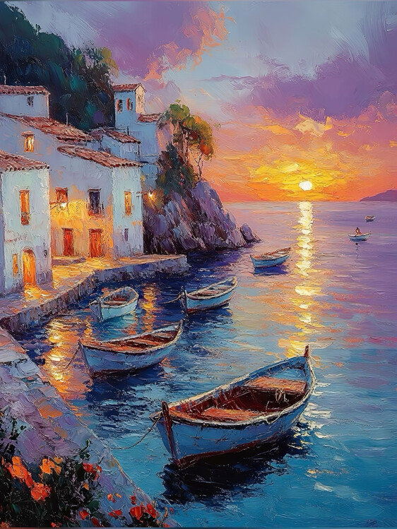 Poster Mediterranean Village Sunset, Boats at the Quayside wall Art