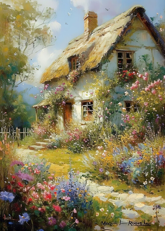 Poster Impressionist Cottage & Flower Garden, Wall frame decoration