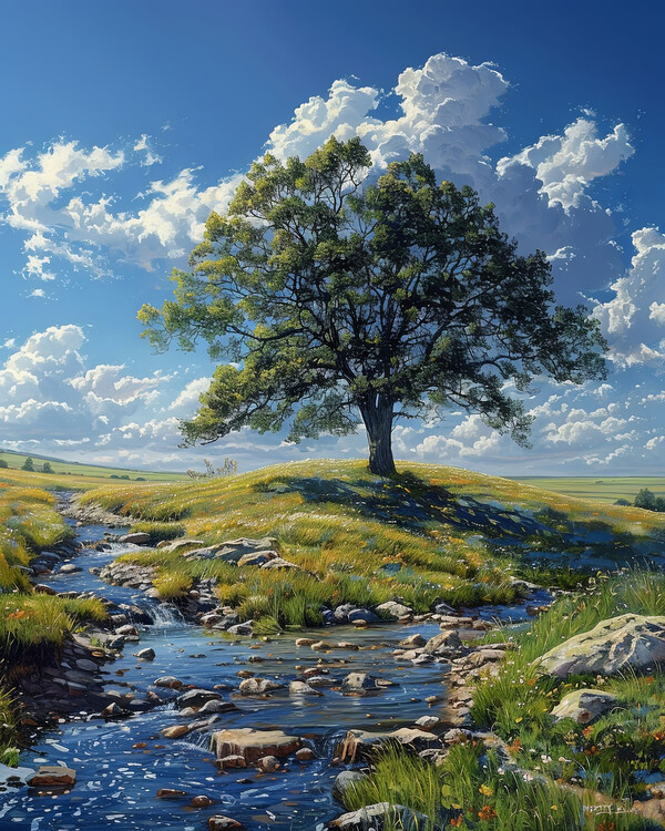 Poster Midday Stream Lone Oak Tree & Cloudy Blue Sky, Wall decor