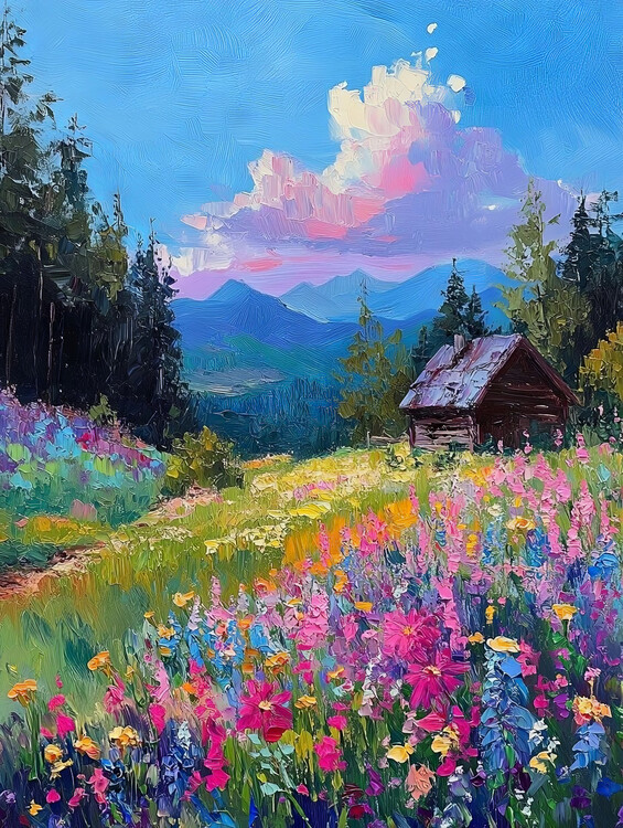 Poster Mountain Cabin & Field of Wildflowers, Living room wall Art