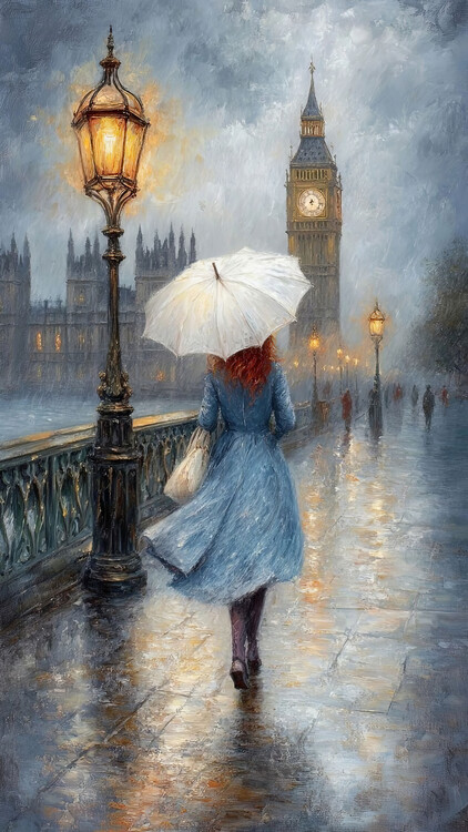 Poster Rainy Day Stroll by Big Ben under the Lamplight, Wall decor