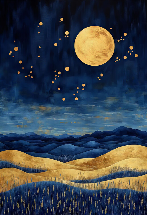 Poster Midnight Desert Sky with Gold Dunes & Moon, Wall mural decor