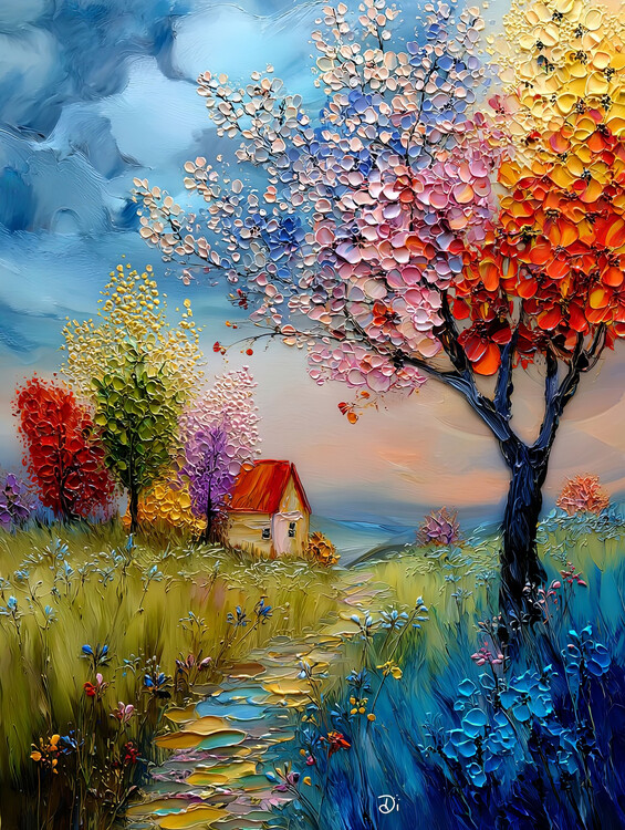 Poster Textured Tree of Four Seasons & a Hidden Cottage wall decor