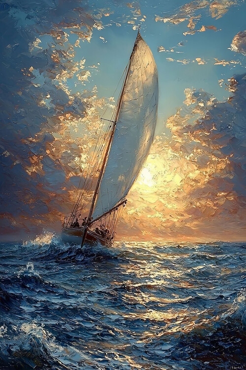 Poster Sailing into Sunset Textured Ocean & Golden Skies, wall deco