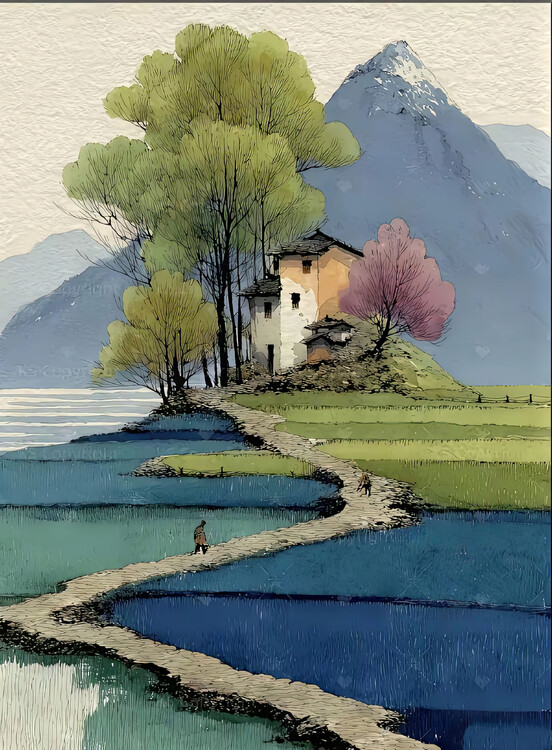 Poster Stone Path through Paddy Fields to the House, Room Wall Deco