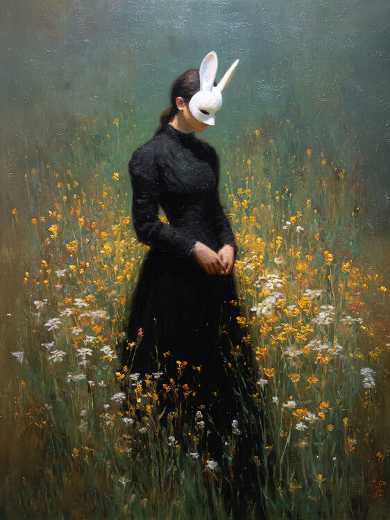 Poster The Masked Woman & Yellow Wildflowers, Wall mural decor