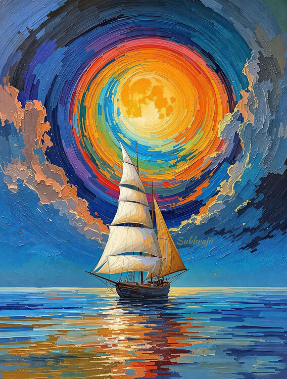 Poster Whirlpool Sun over a Sailing Ship at Sea, Wall decor bedroom