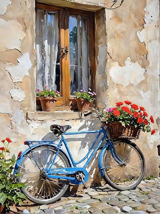 Poster Tuscan  & Blue Bicycle with Basket of Flowers, Wall decor