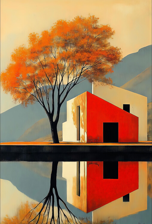 Poster Autumn Red House, Orange Willow Tree, contemporain Wall Art