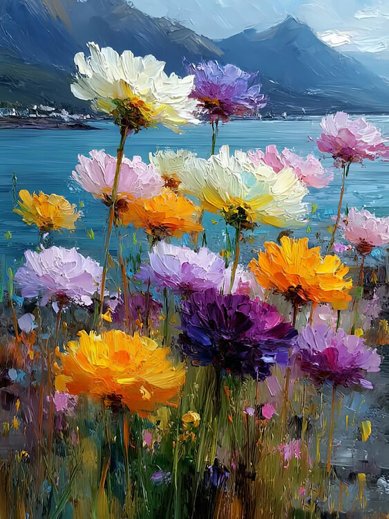 Poster Alpine Meadow Daisies, Snowy Mountain Peak, Room Wall decor