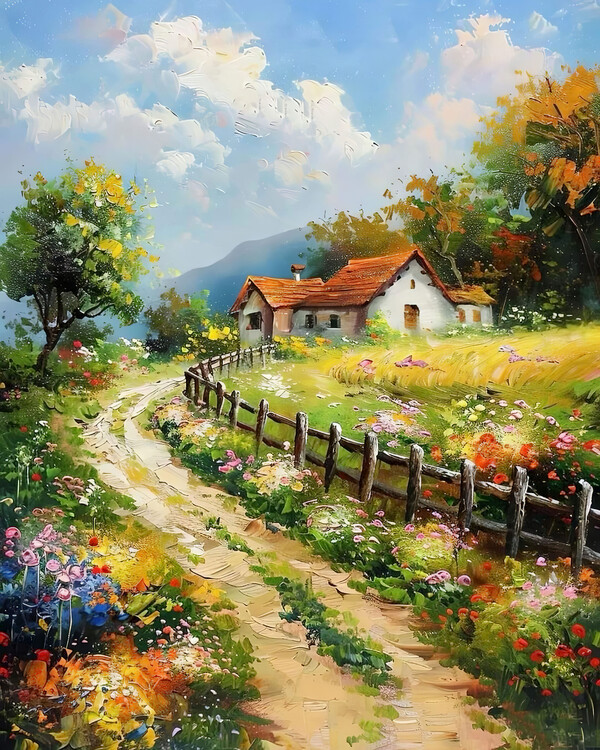 Poster Cottage Path Oil Painting : Country Flower Garden, Wall Art