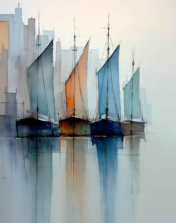 Juliste Abstract Sailing Dhows & Misty City Skyline,  wall art decor