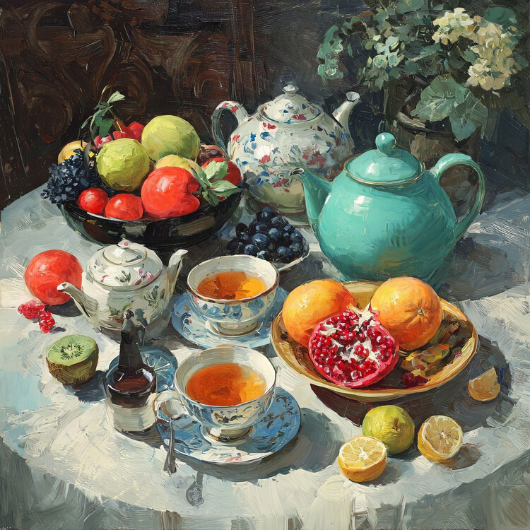 Juliste Tea Still Life Fruit & Blue Teacups, kitchen wall decoration