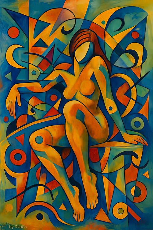 Poster Cubist Nude Figure in Blue & Golden Abstraction, Wall Decor