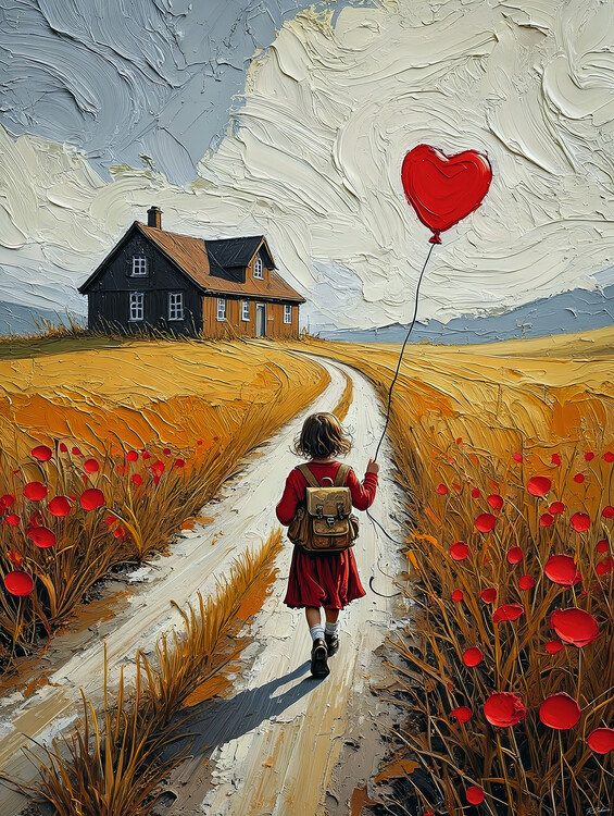 Poster Little Girl &Red Heart Balloon, kids room Wall decor ideas