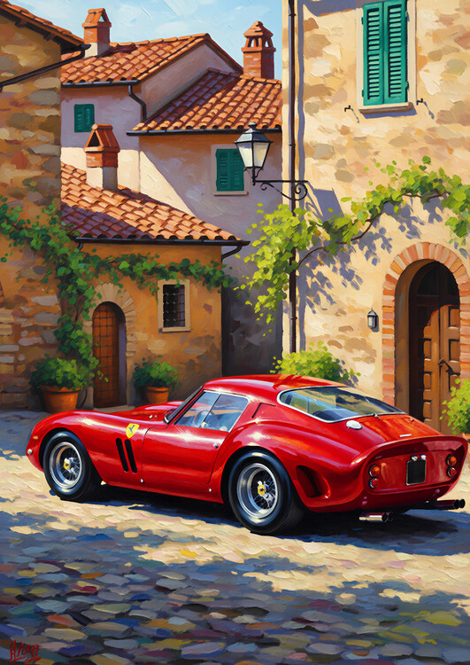 Poster Classic Ferrari 250 GTO Parked in Tuscan Italian Village