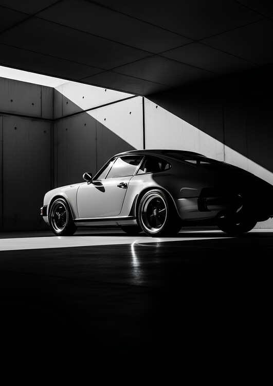 Poster Classic Porsche 911 in White - Dramatic Black and White