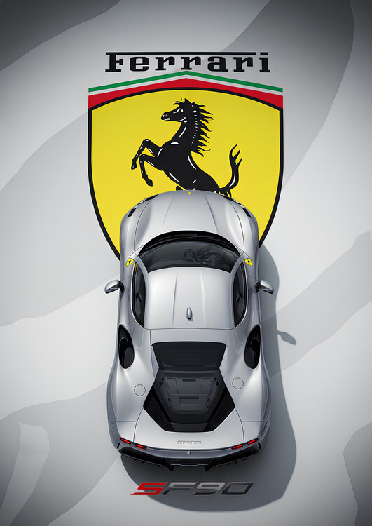 Poster Ferrari SF90 Stradale in Silver Gray on Scuderia Shield