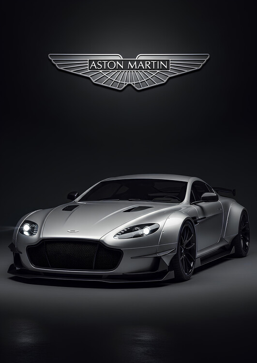 Poster Aston Martin Vantage GT3 in Silver with Aston Martin Logo