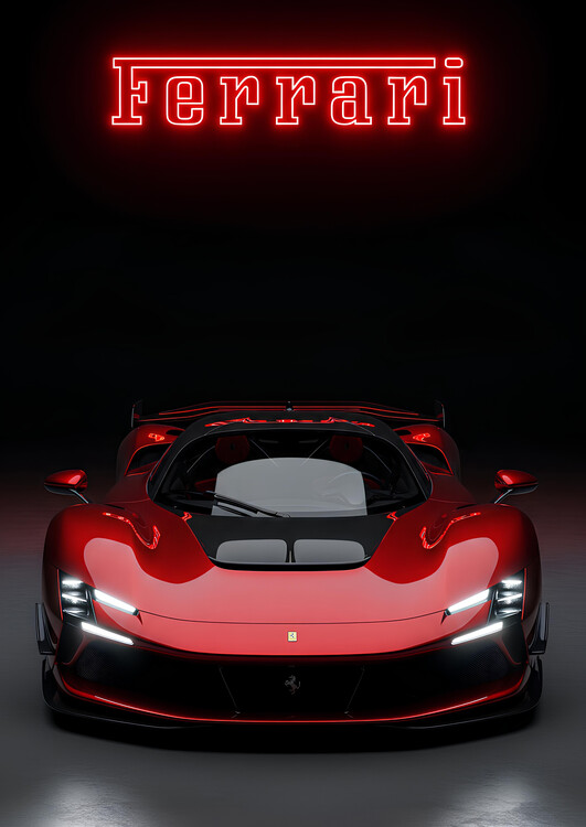 Poster Ferrari Hypercar Glowing Red Neon Ferrari Logo Sign