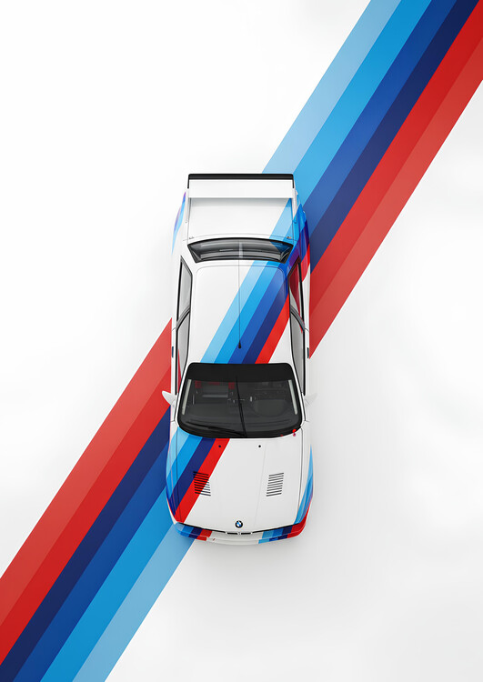 Poster BMW E30 M3 in Alpine White with Classic M Motorsport Stripes