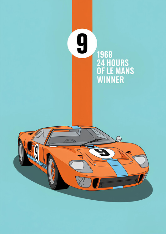 Poster Ford GT40 Number 9 in Gulf Orange with Blue Stripe