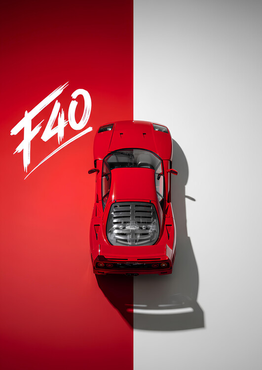 Poster Ferrari F40 Top Aerial View Red and White Split Background