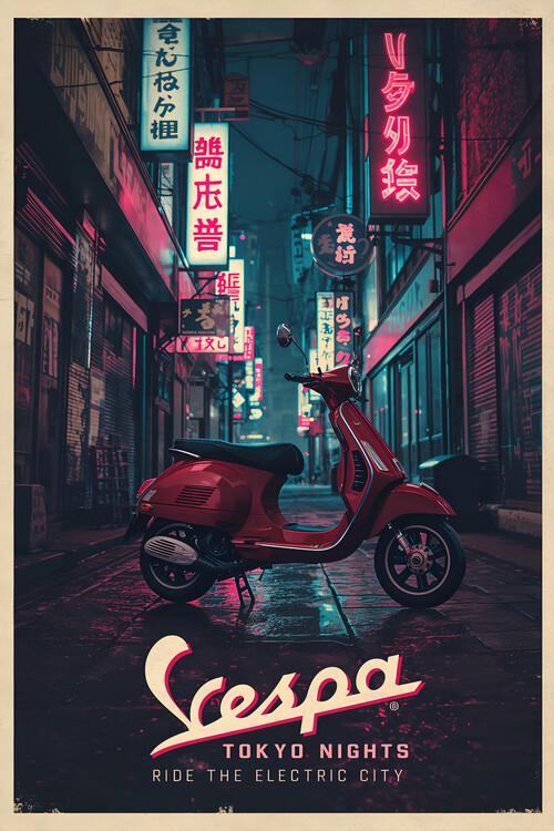 Poster Vespa Tokyo Nights Poster – Neon Japanese Retro Scooter Art