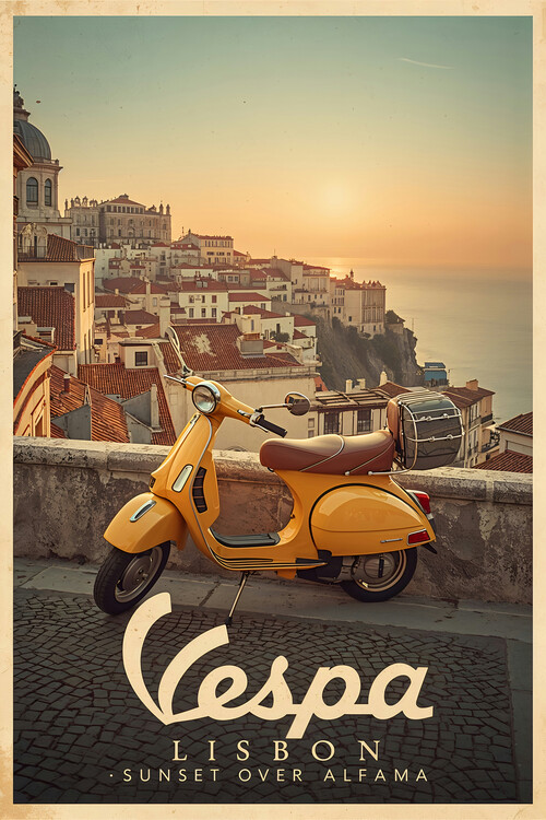 Poster Vespa Lisbon Vintage Poster – Retro Alfama Sunset Art