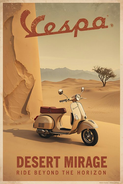 Poster Vespa Desert Mirage Poster – Sahara Retro Travel Artwork